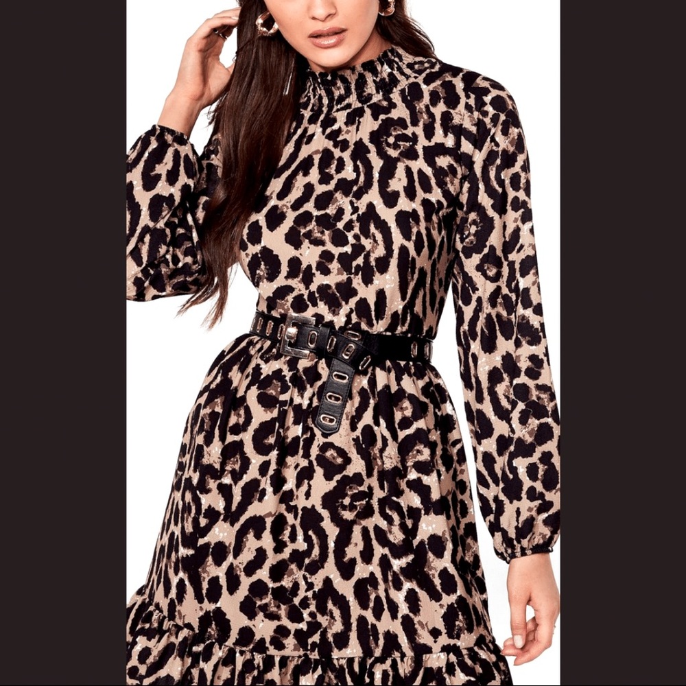 Leopard High Neck Long Sleeve Mini Dress